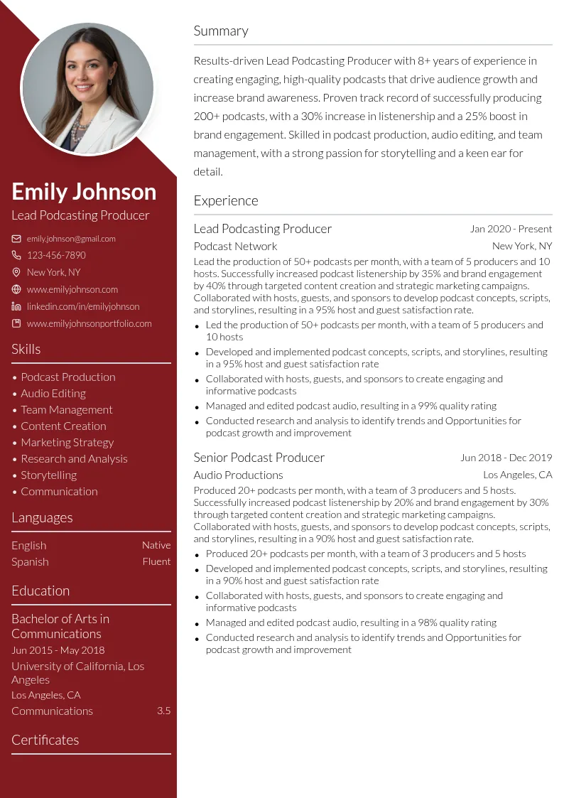 Lead Podcasting Producer resume example