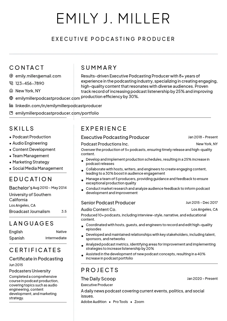 Executive Podcasting Producer resume example