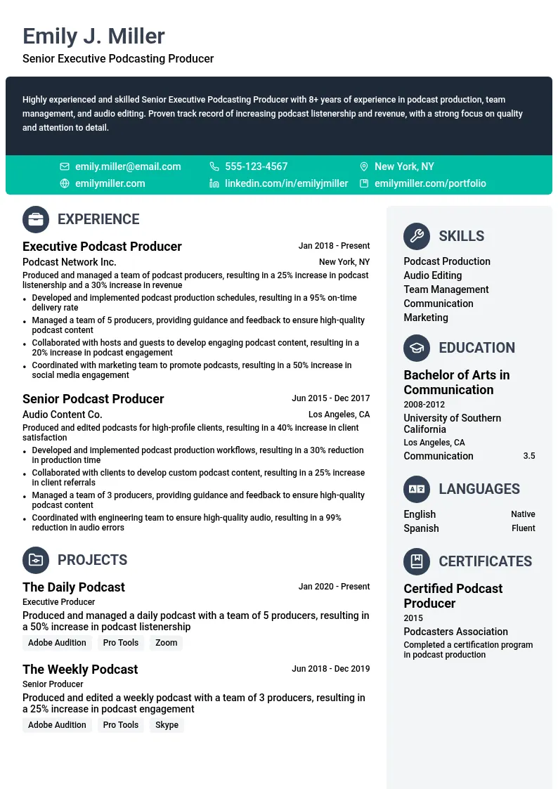 Senior Executive Podcasting Producer resume example