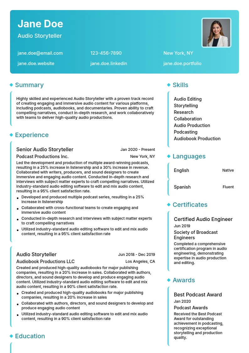 Audio Storyteller resume example