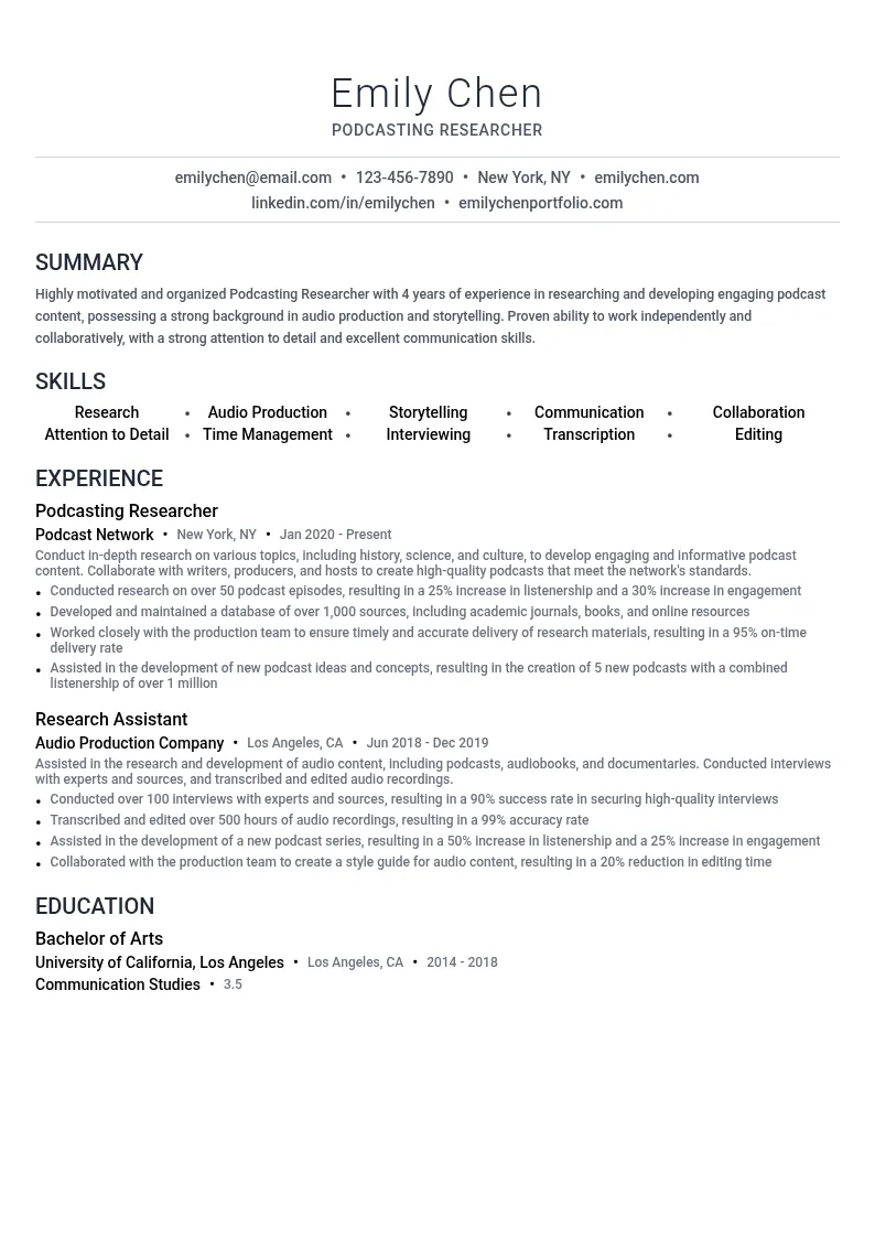Podcasting Researcher resume example