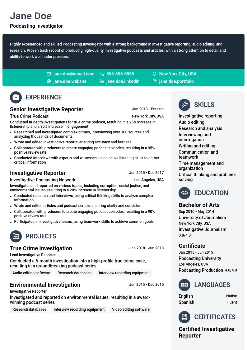 Podcasting Investigator resume example