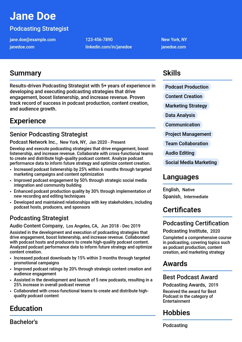 Podcasting Strategist resume example