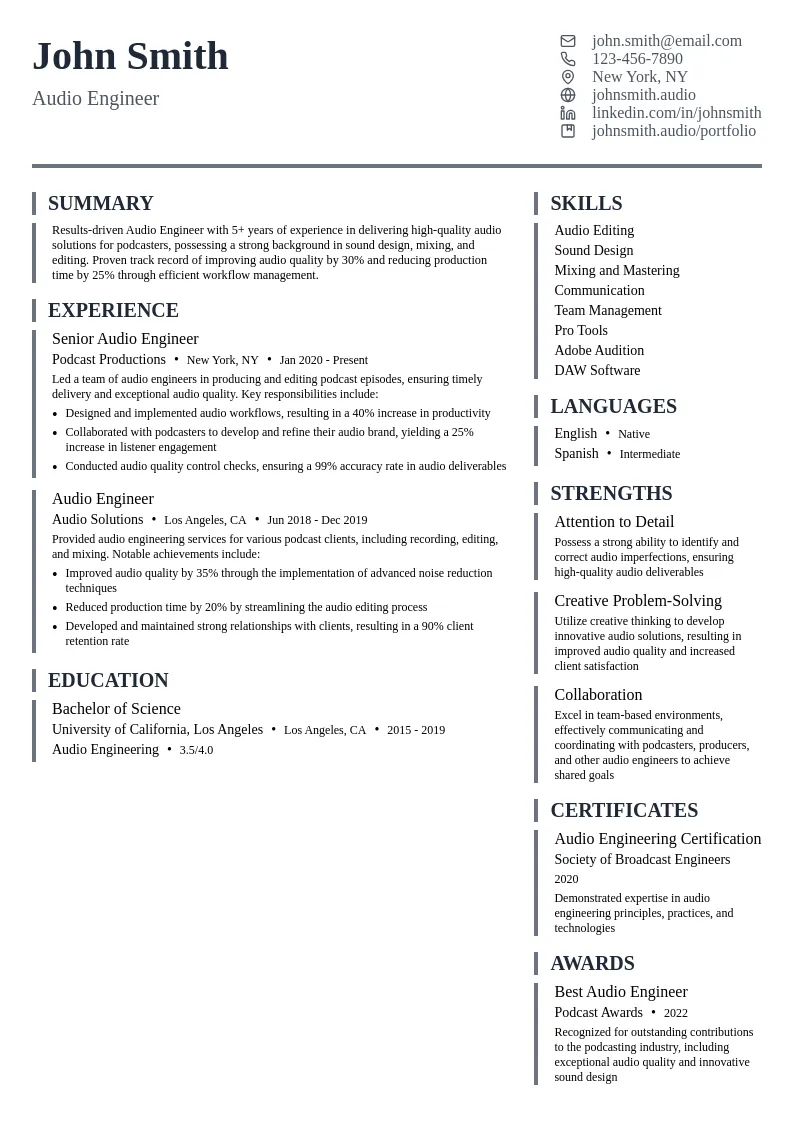 Audio Engineer resume example