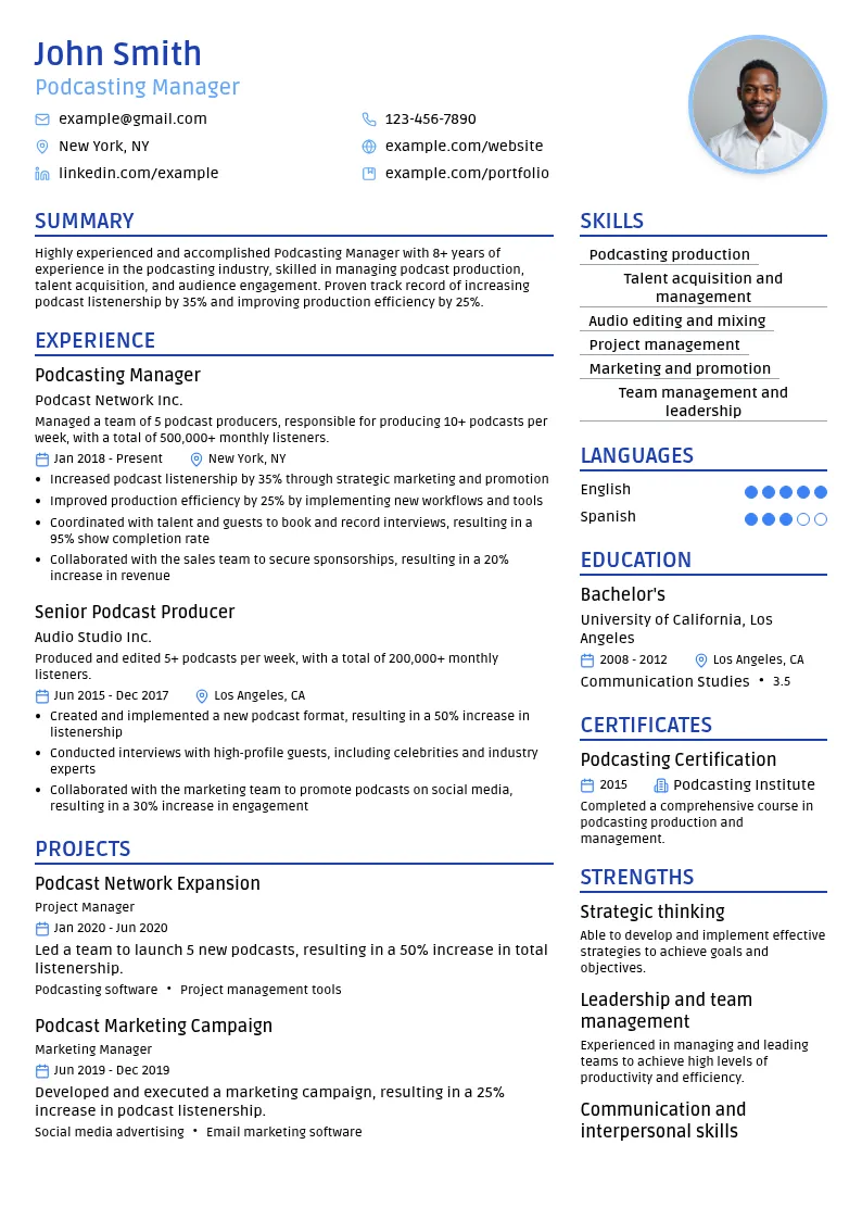 Podcasting Manager resume example