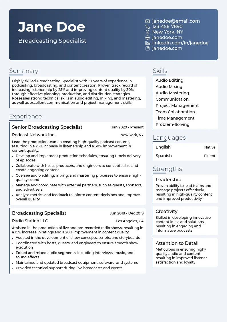Broadcasting Specialist resume example