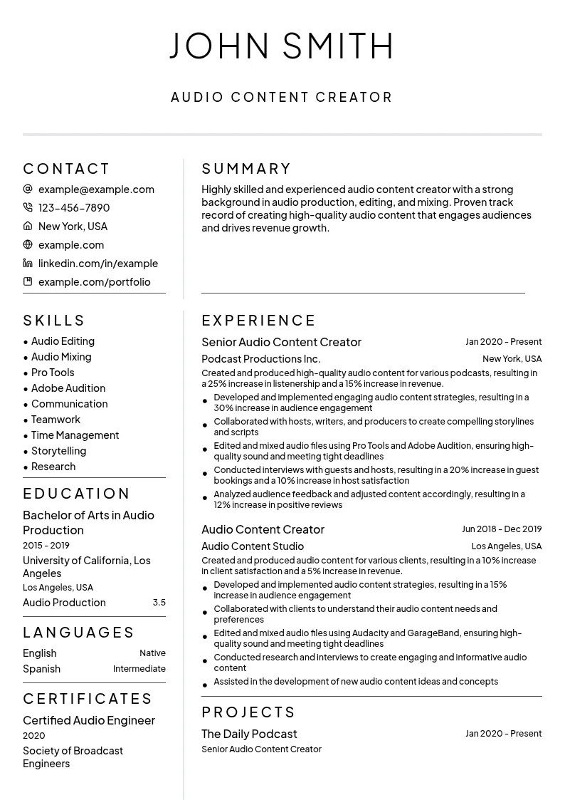Audio Content Creator resume example