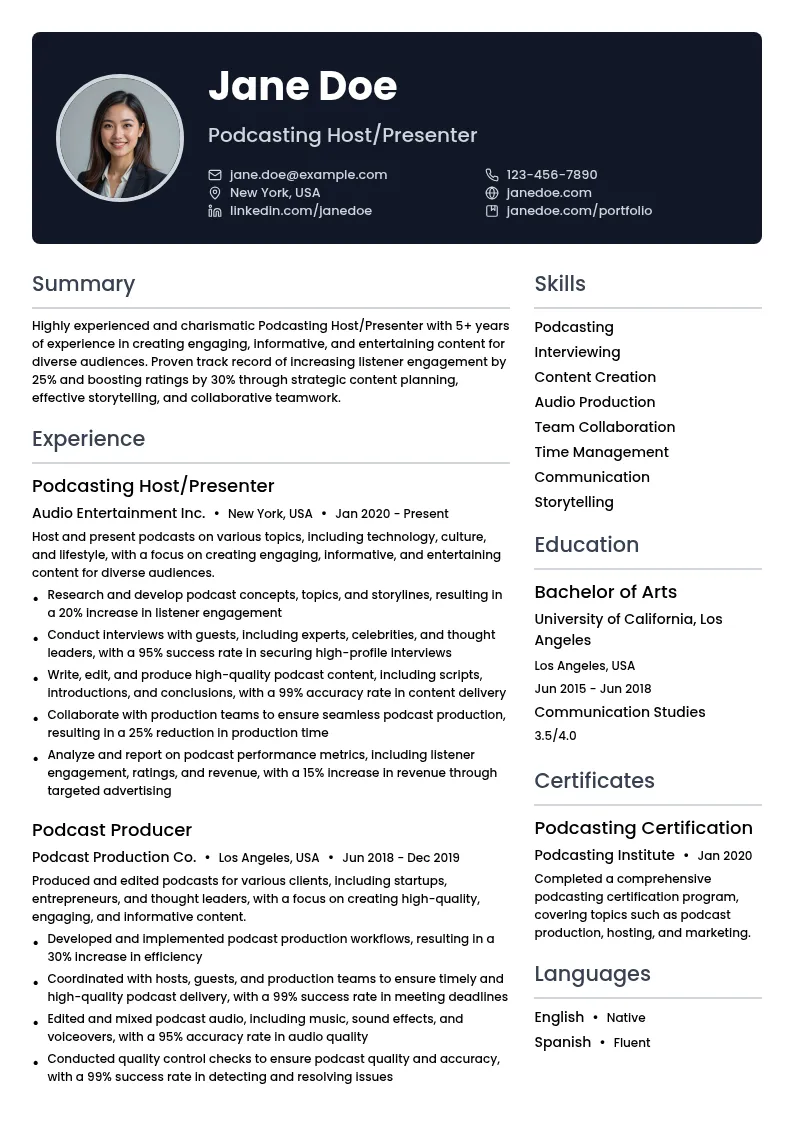 Podcasting Host/Presenter resume example