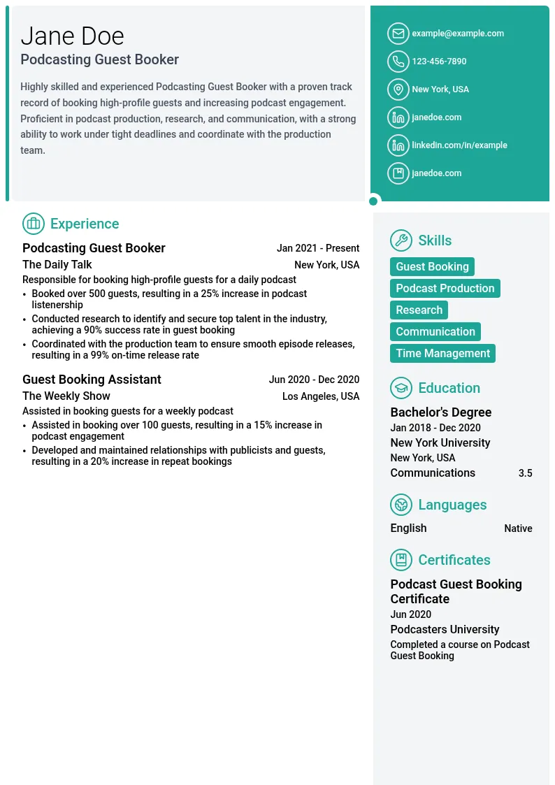 Podcasting Guest Booker resume example