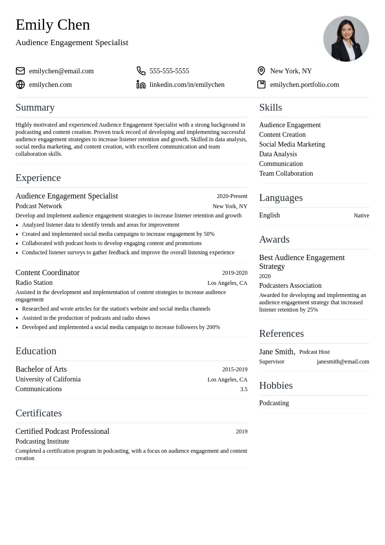 Audience Engagement Specialist resume example