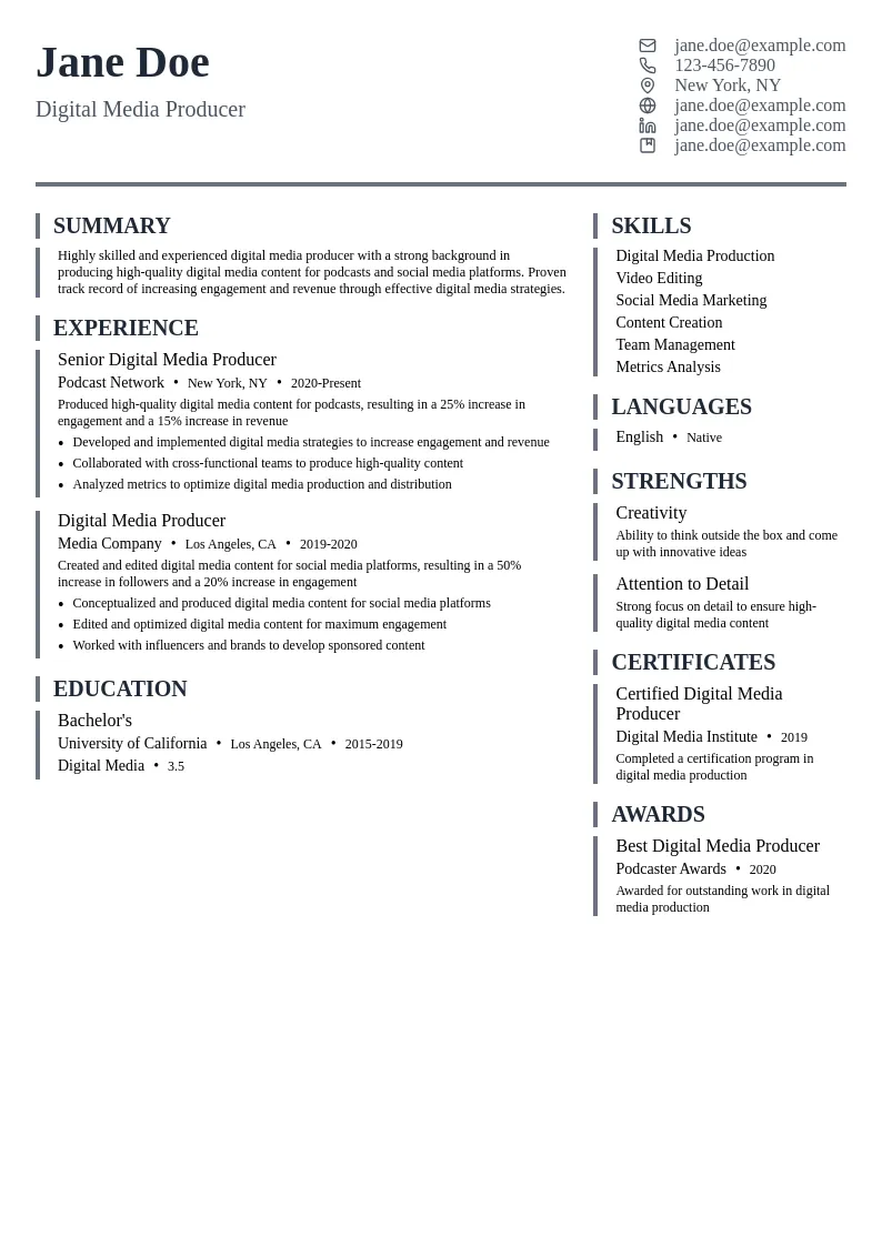 Digital Media Producer resume example