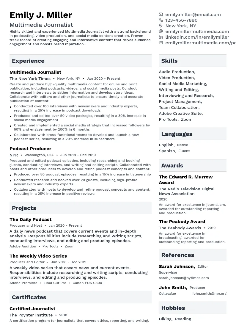 Multimedia Journalist resume example