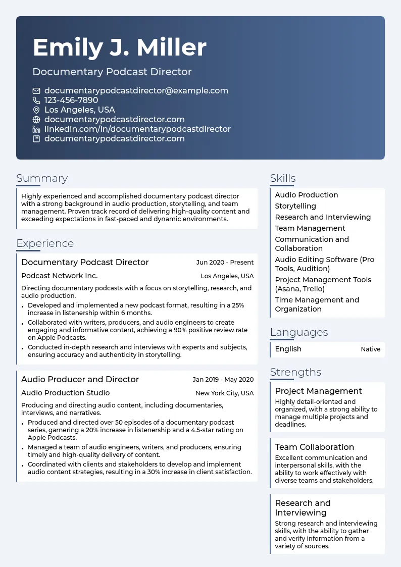 Documentary Podcast Director resume example