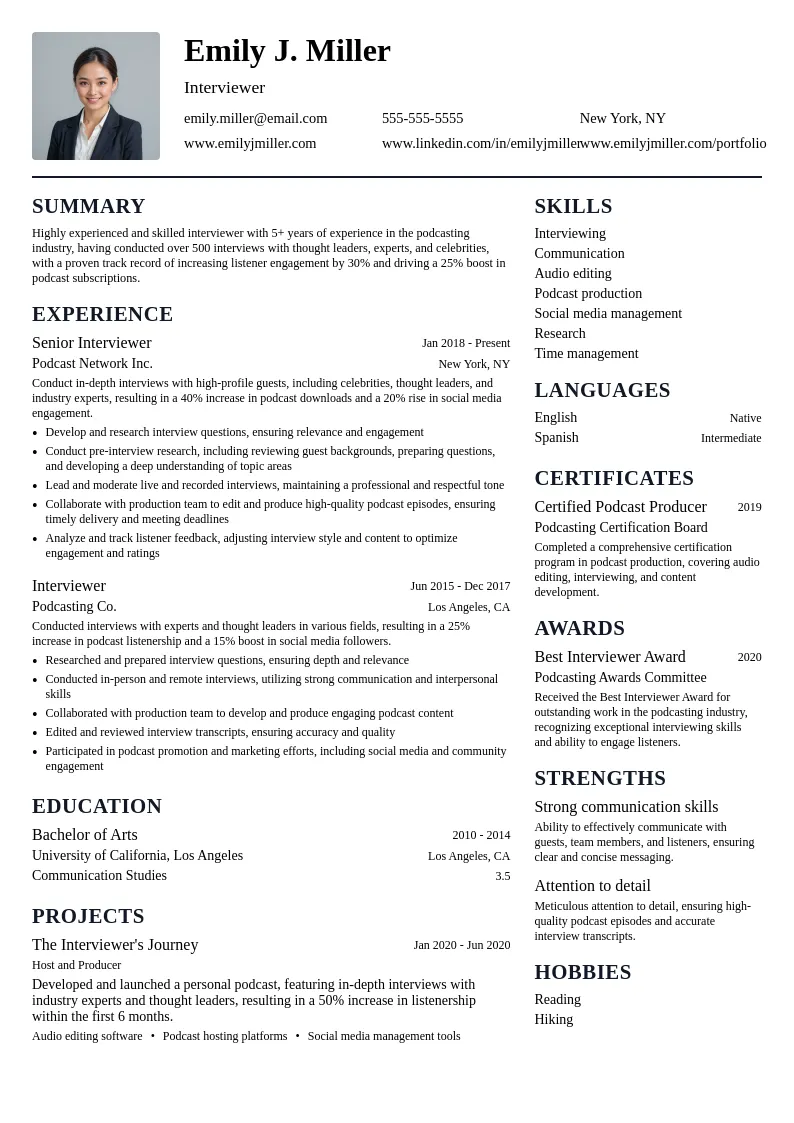 Interviewer resume example