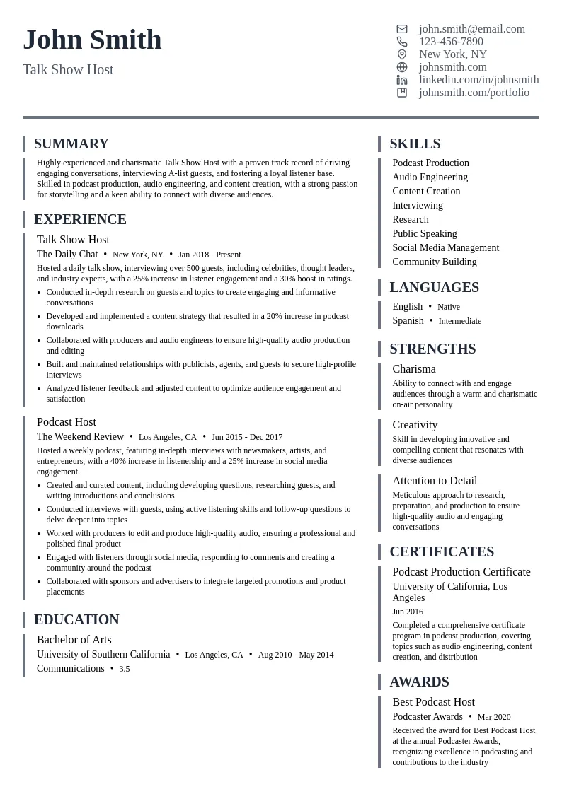 Talk Show Host resume example