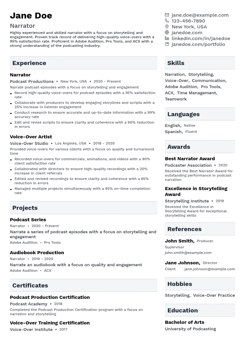 Narrator resume example