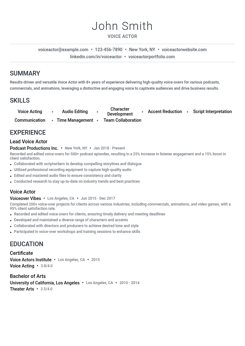 Voice Actor resume example