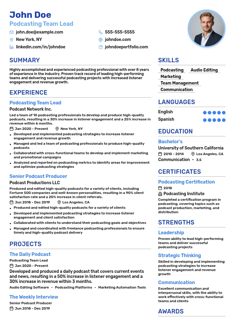 Podcasting Team Lead resume example
