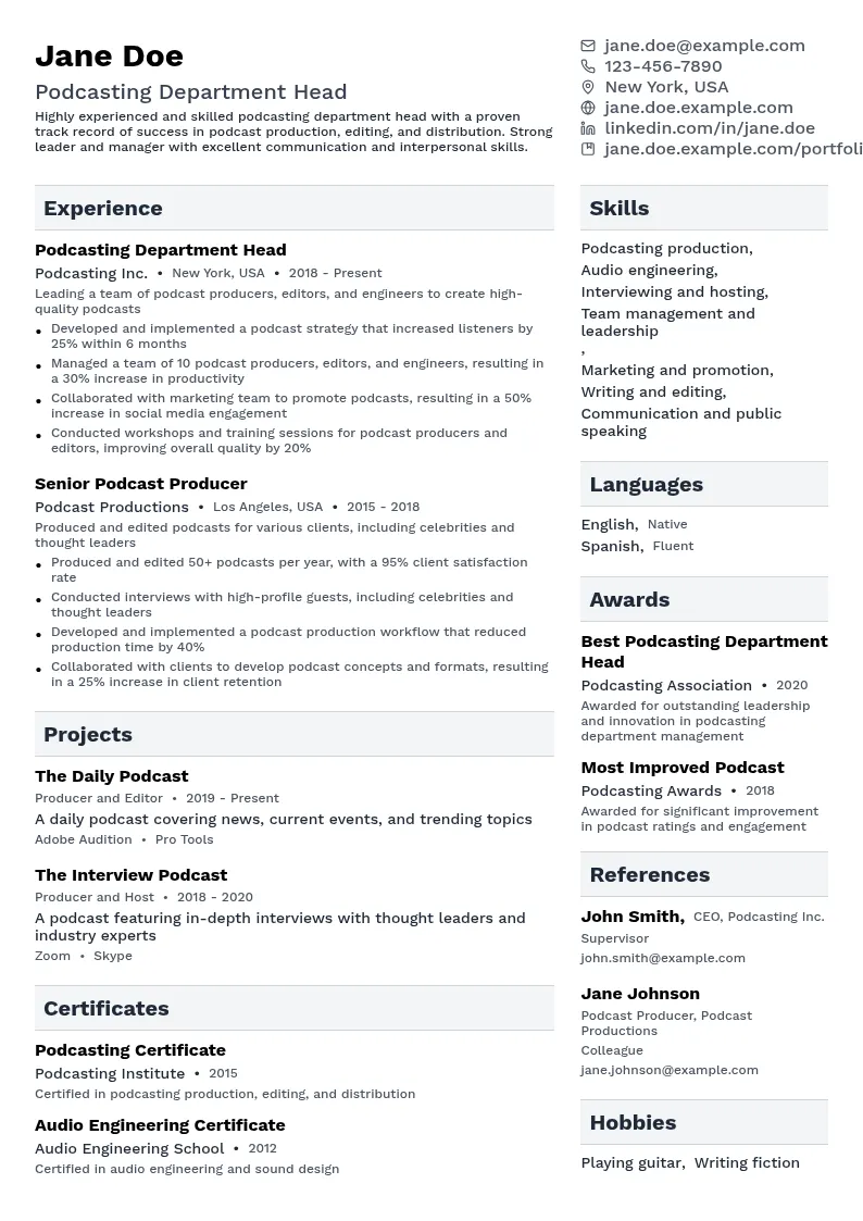 Podcasting Department Head resume example
