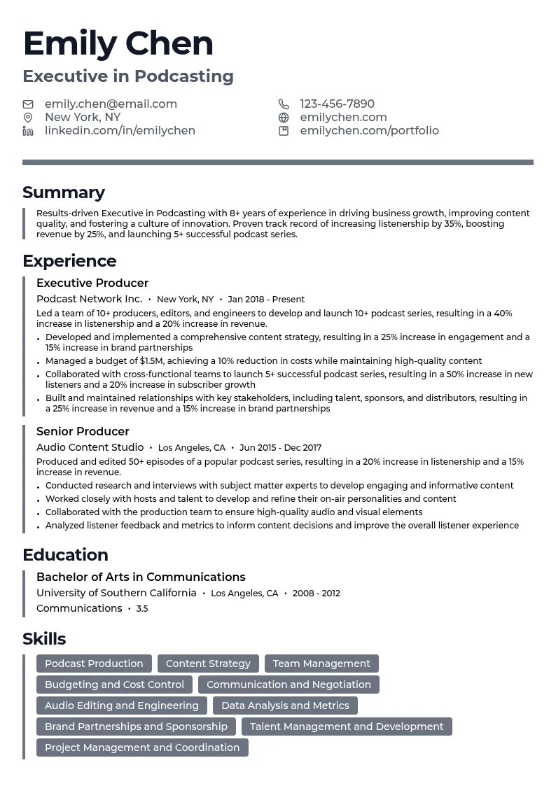 Executive in Podcasting resume example