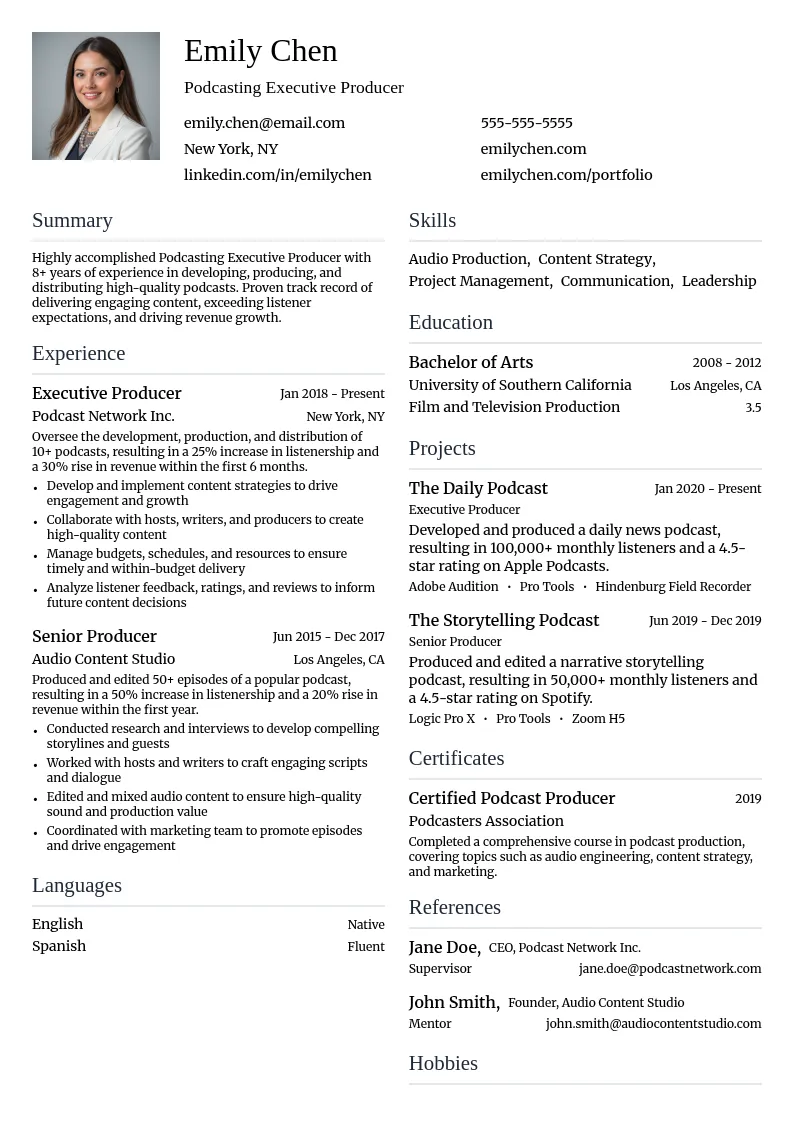 Podcasting Executive Producer resume example