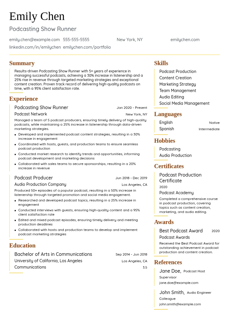 Podcasting Show Runner resume example