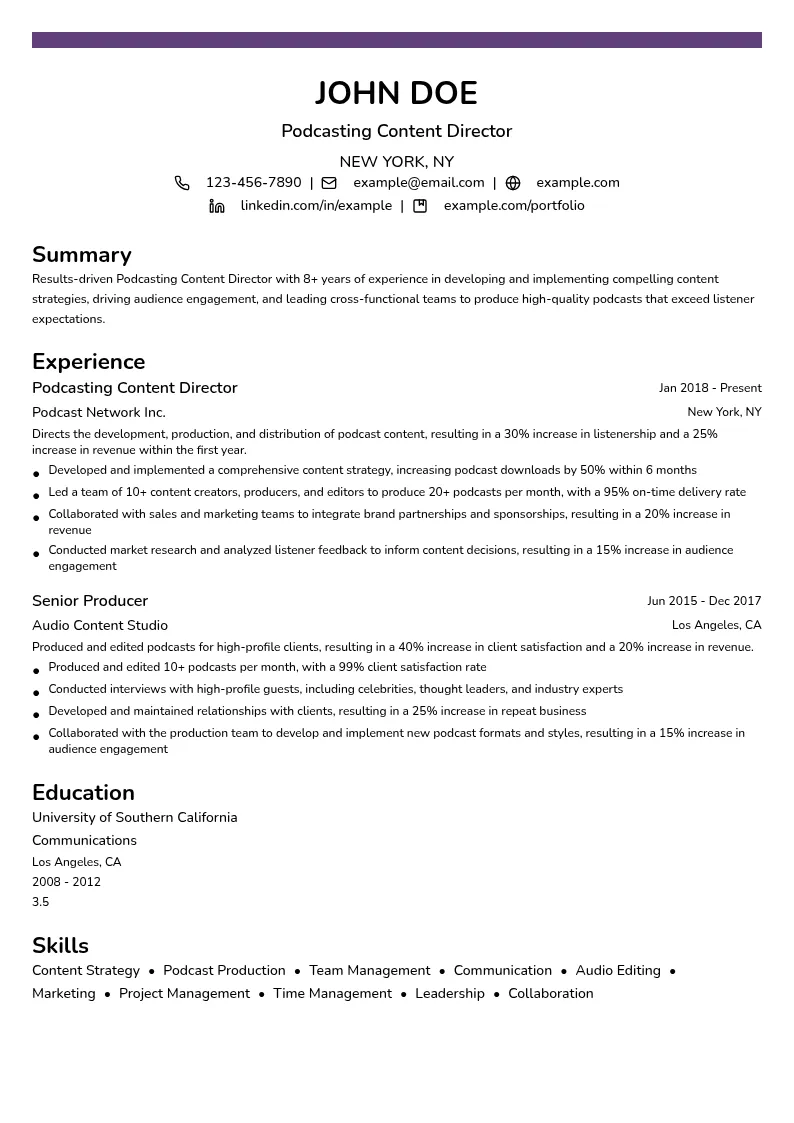 Podcasting Content Director resume example