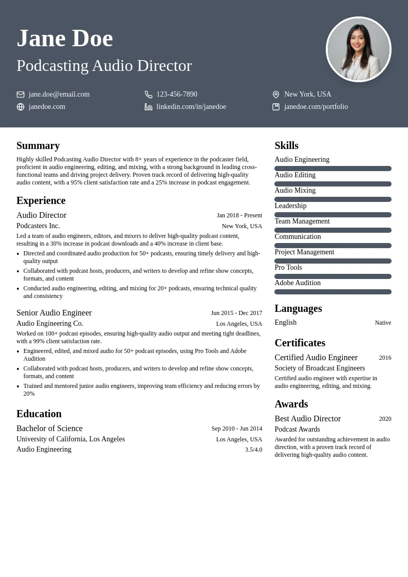 Podcasting Audio Director resume example