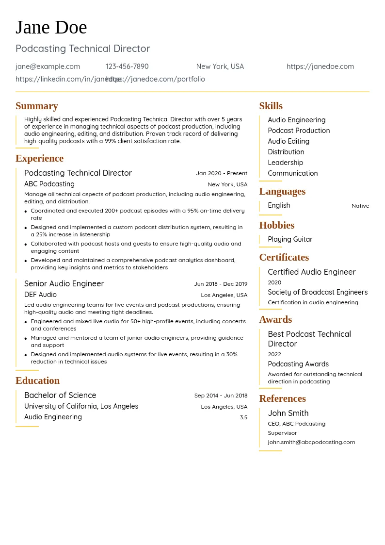 Podcasting Technical Director resume example
