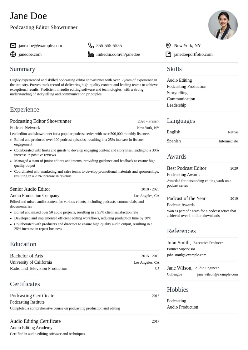 Podcasting Editor Showrunner resume example