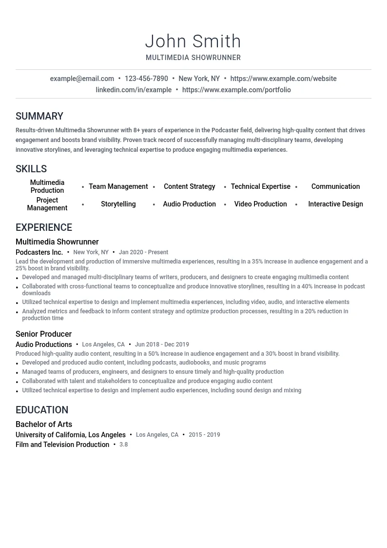 Multimedia Showrunner resume example
