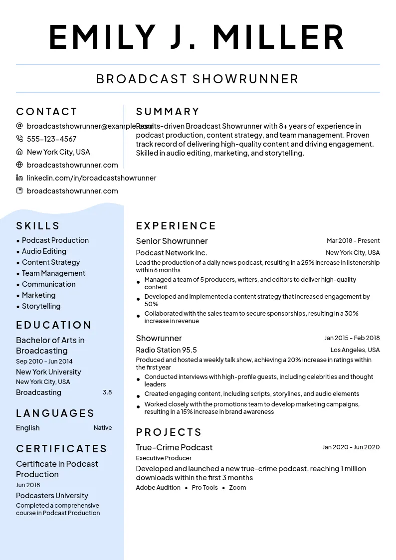 Broadcast Showrunner resume example