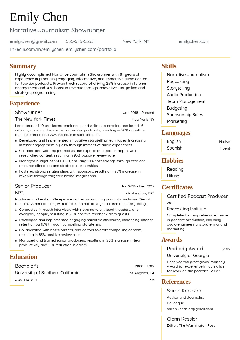 Narrative Journalism Showrunner resume example