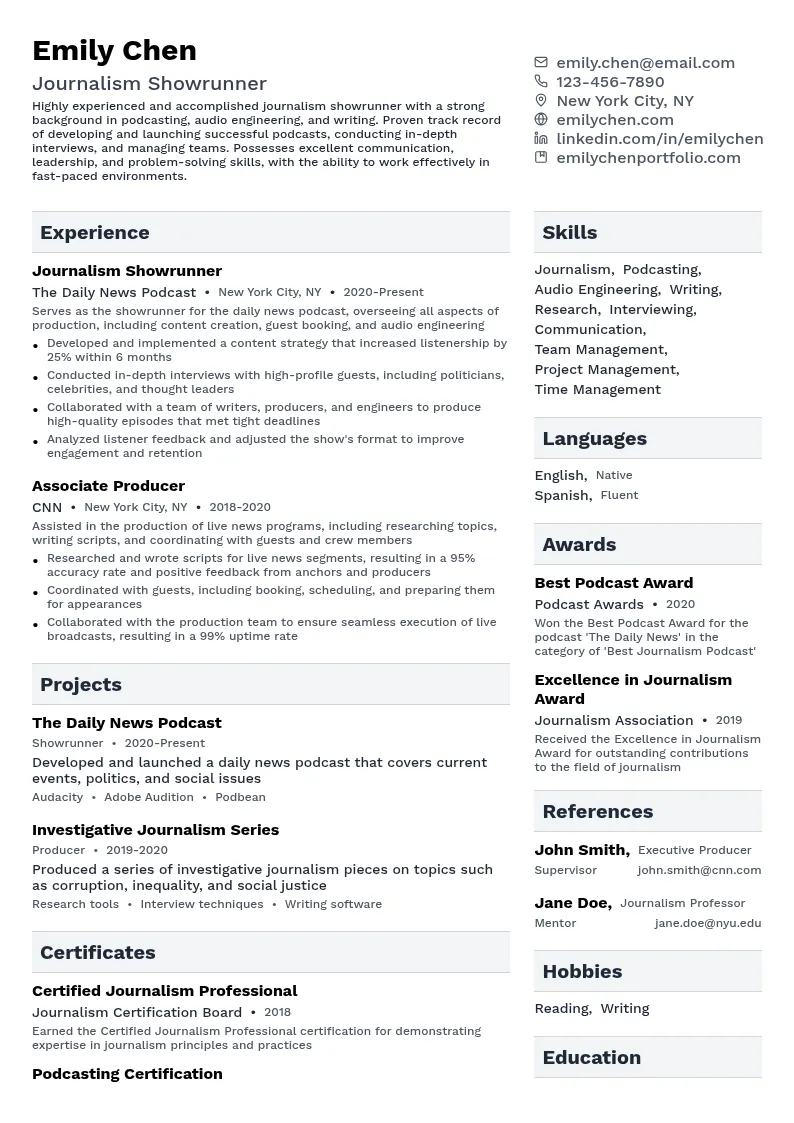 Journalism Showrunner resume example
