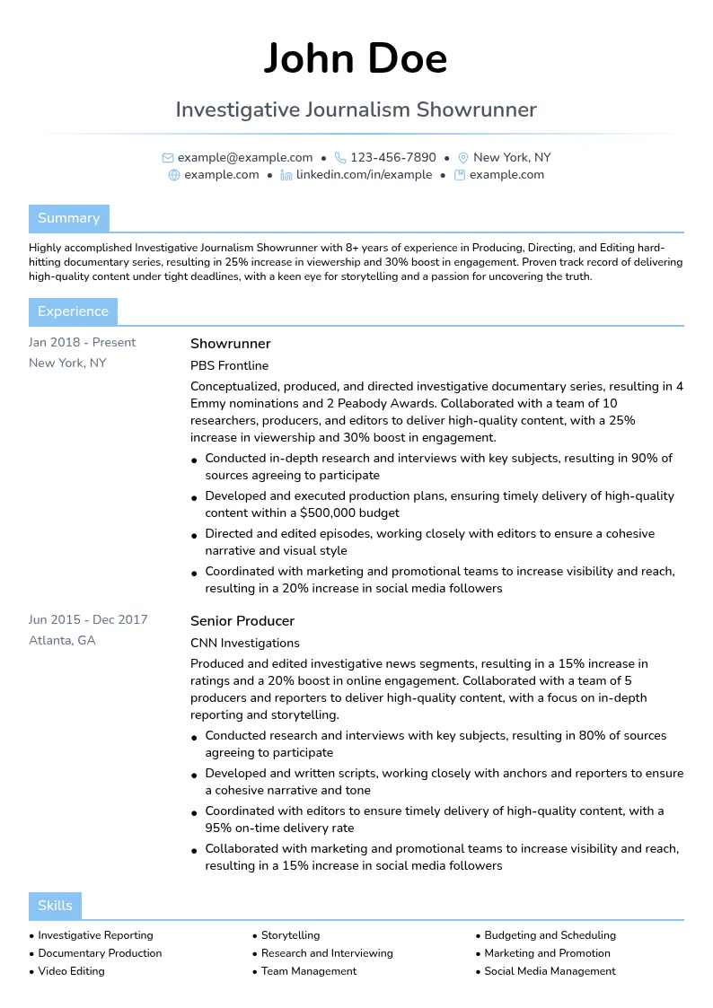 Investigative Journalism Showrunner resume example