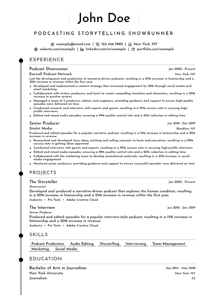 Podcasting Storytelling Showrunner resume example
