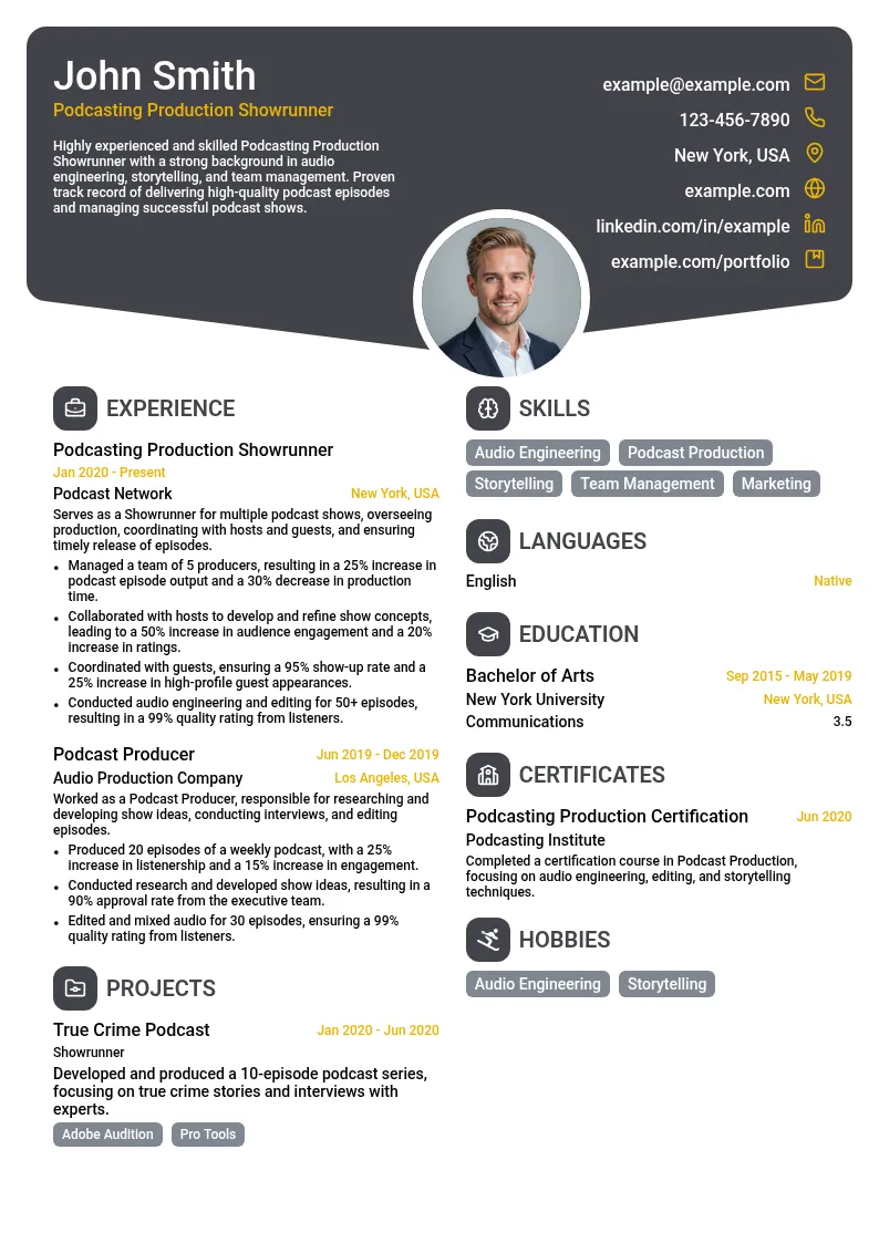Podcasting Production Showrunner resume example