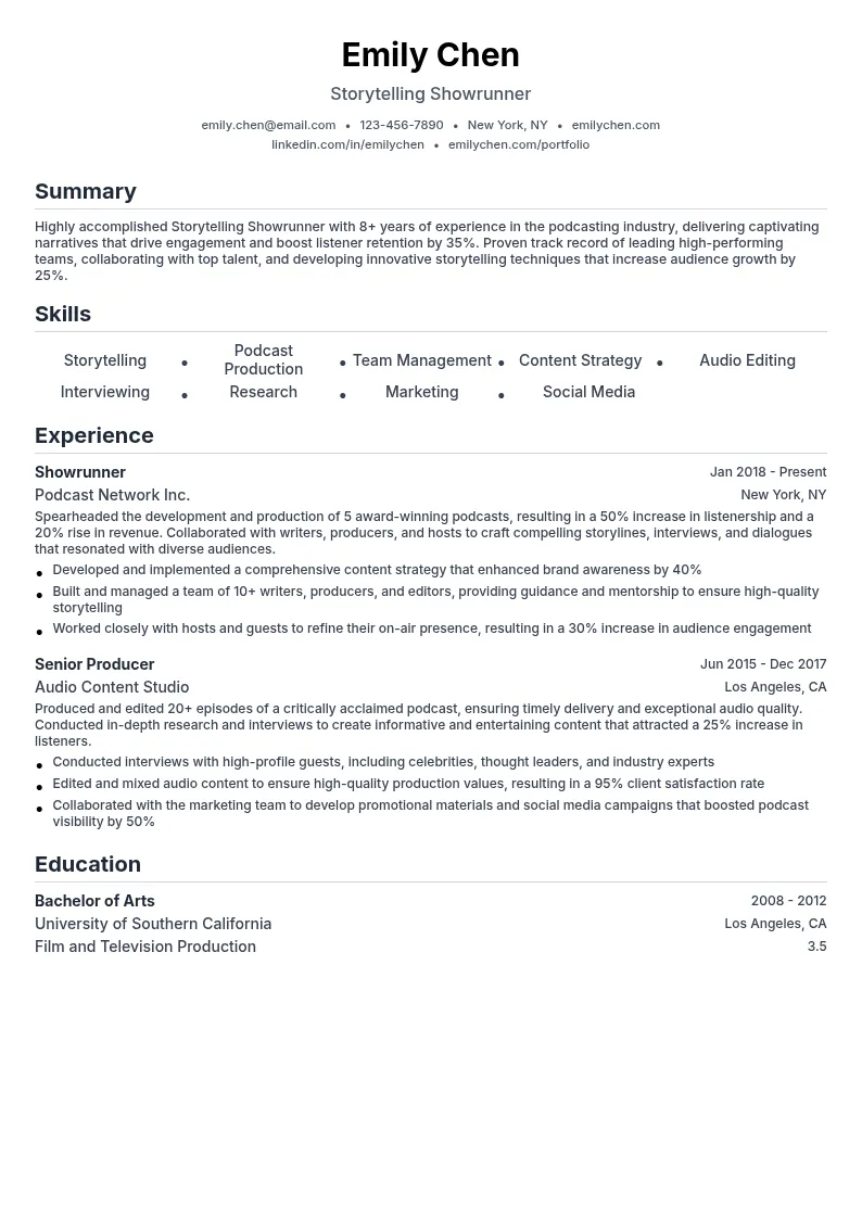 Storytelling Showrunner resume example