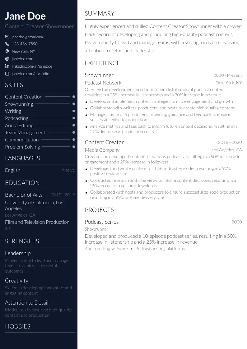 Content Creator Showrunner resume example