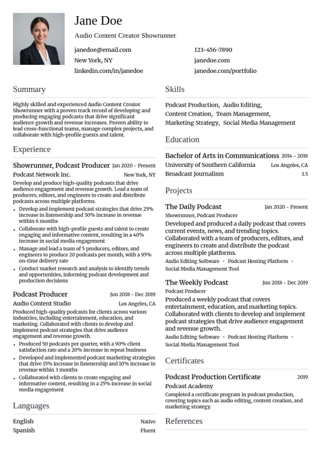 Audio Content Creator Showrunner resume example