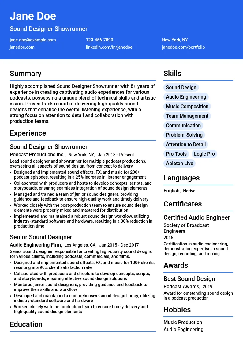 Sound Designer Showrunner resume example