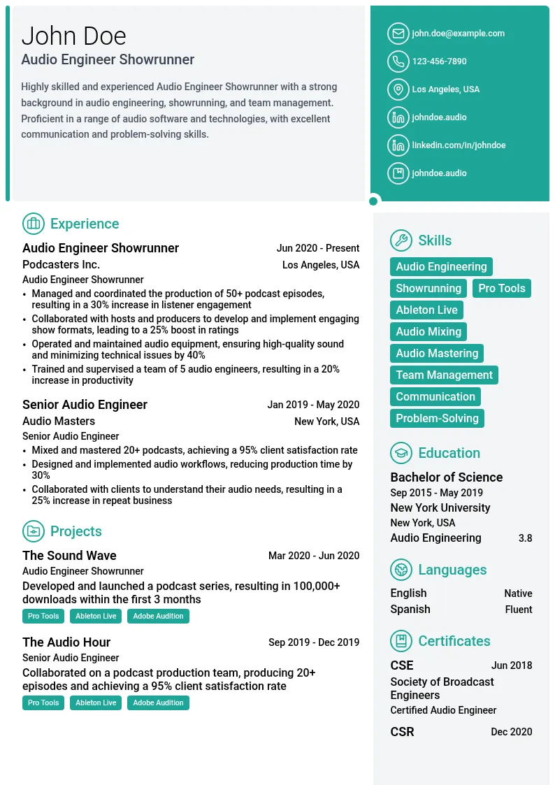 Audio Engineer Showrunner resume example