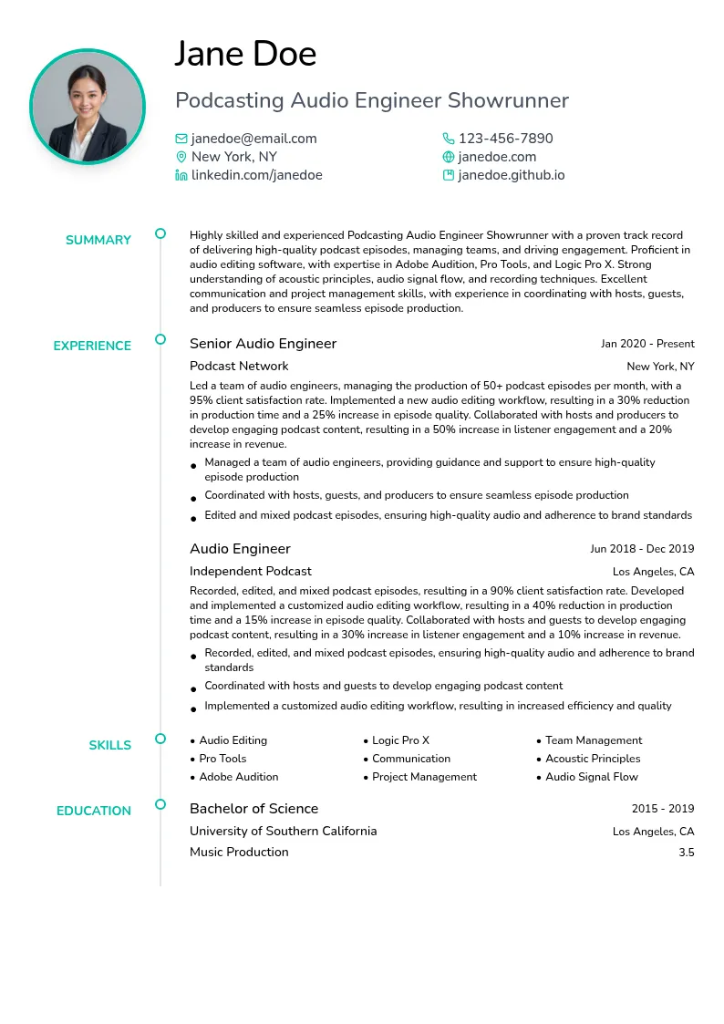 Podcasting Audio Engineer Showrunner resume example
