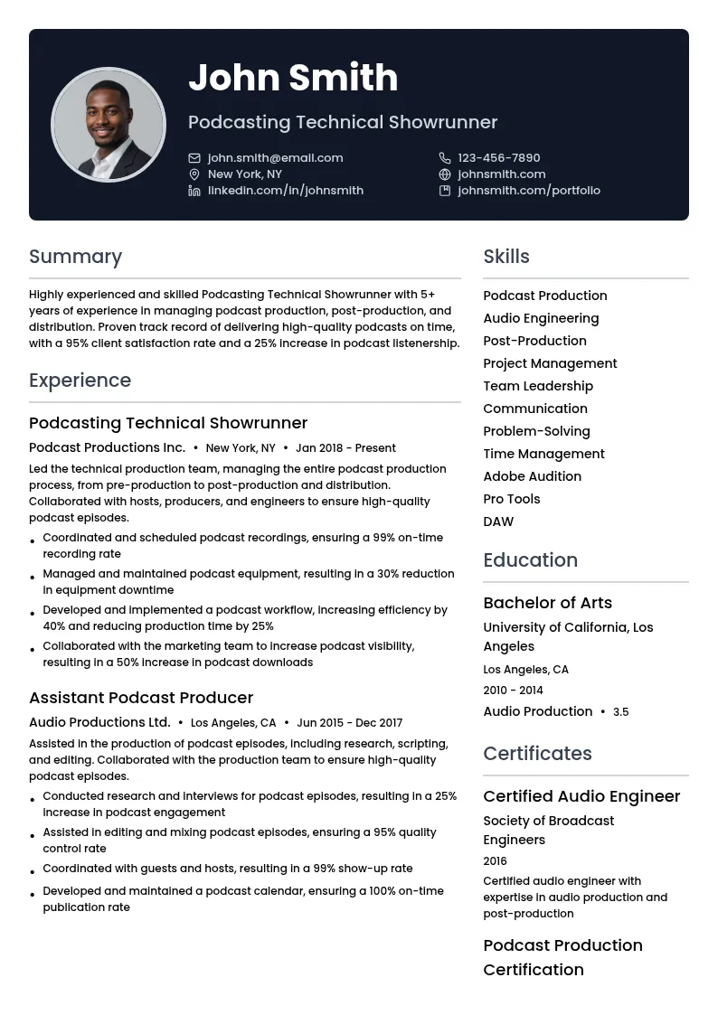 Podcasting Technical Showrunner resume example
