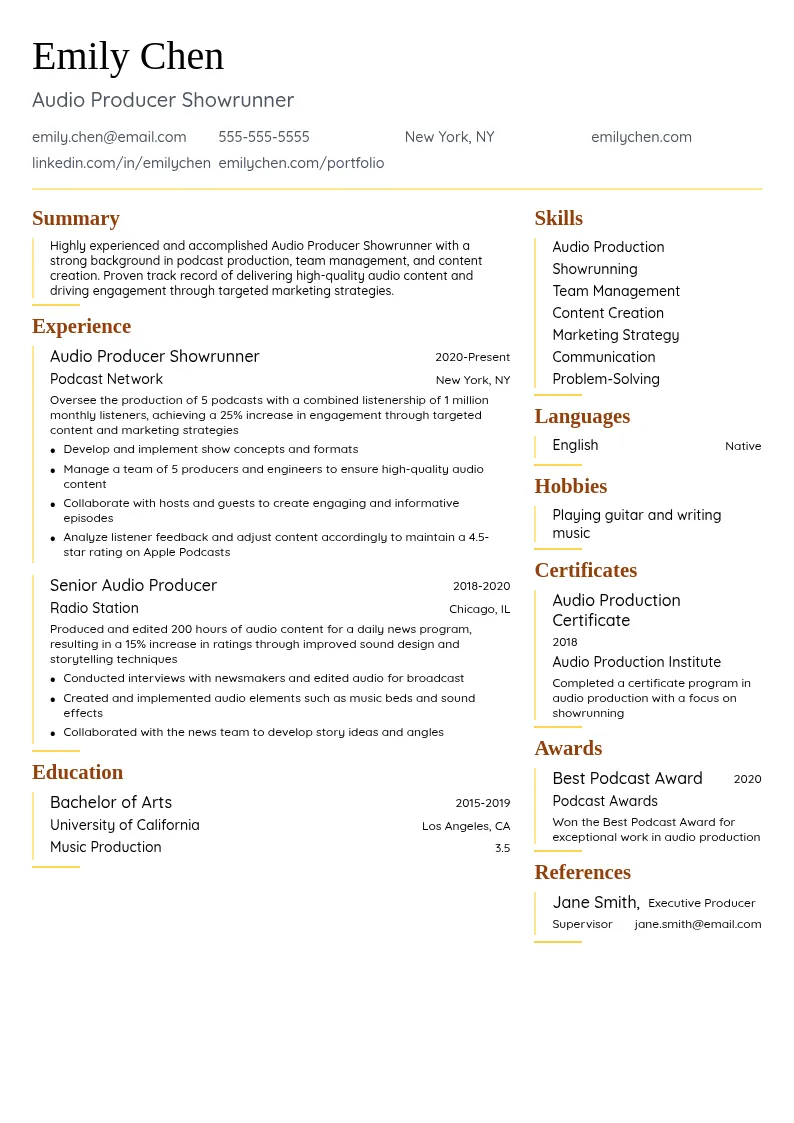 Audio Producer Showrunner resume example