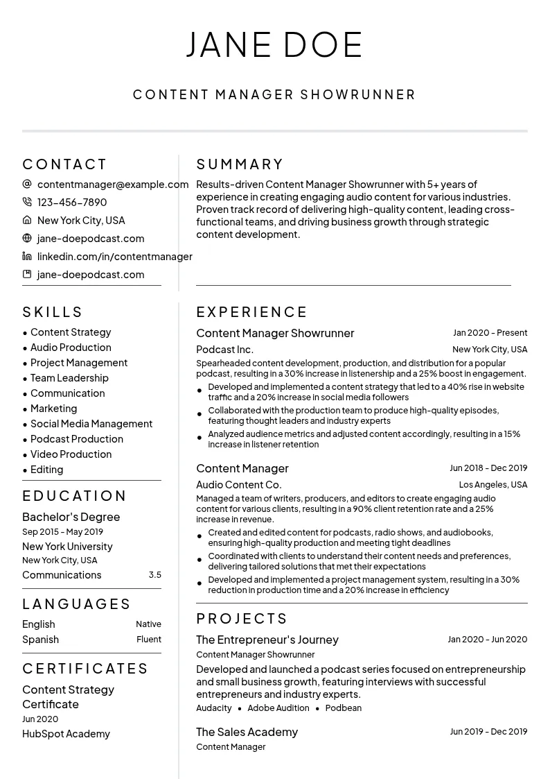 Content Manager Showrunner resume example