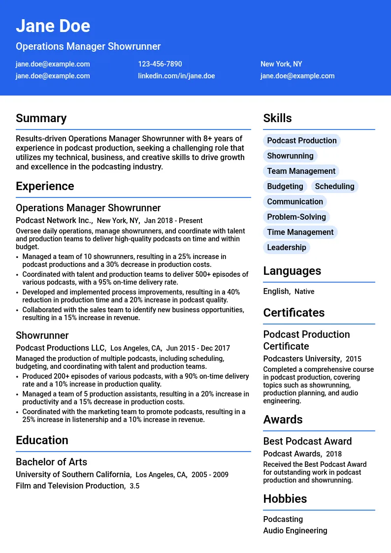 Operations Manager Showrunner resume example