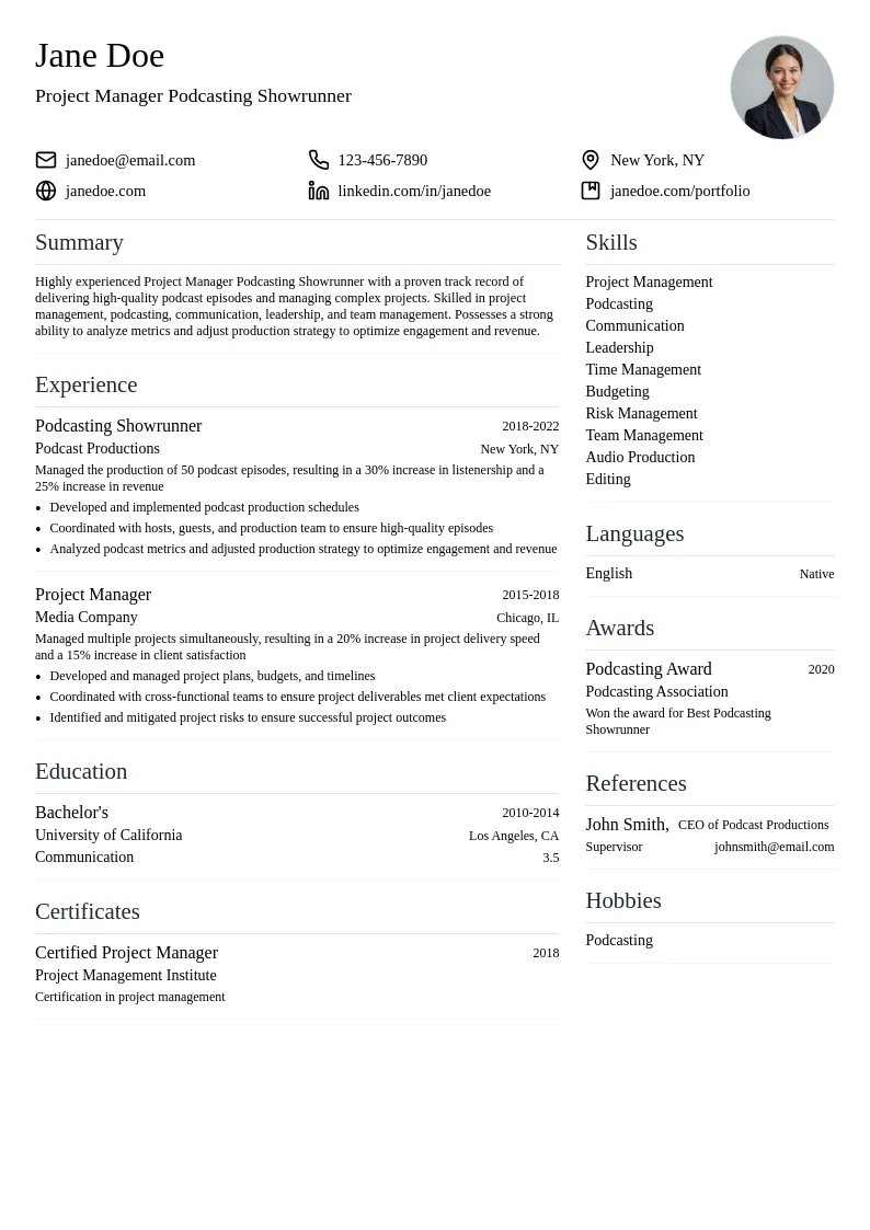 Project Manager Podcasting Showrunner resume example
