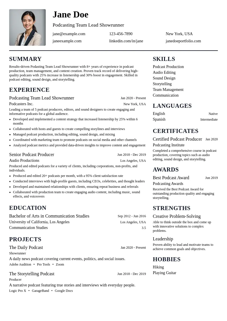 Podcasting Team Lead Showrunner resume example