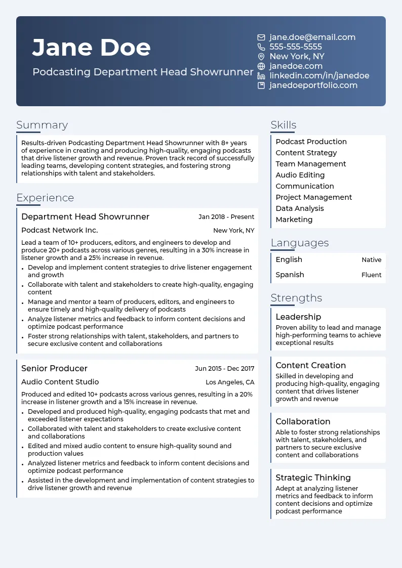 Podcasting Department Head Showrunner resume example